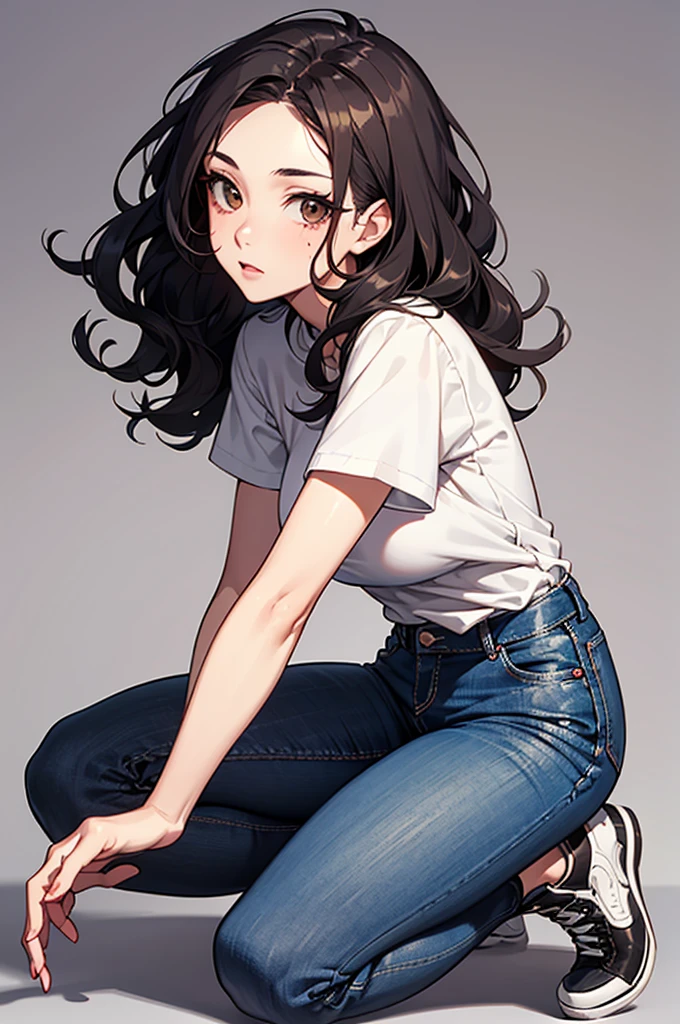 A 29-year-old girl with somewhat marked tits, linda, Beautiful shirt, jeans, combers shoes, black wavy hair, Brown eyes. 
