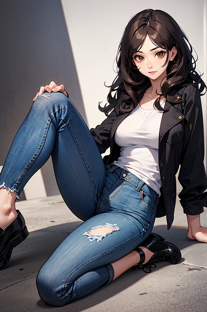 A 29-year-old girl with somewhat marked tits, linda, Beautiful shirt, jeans, combers shoes, black wavy hair, Brown eyes.