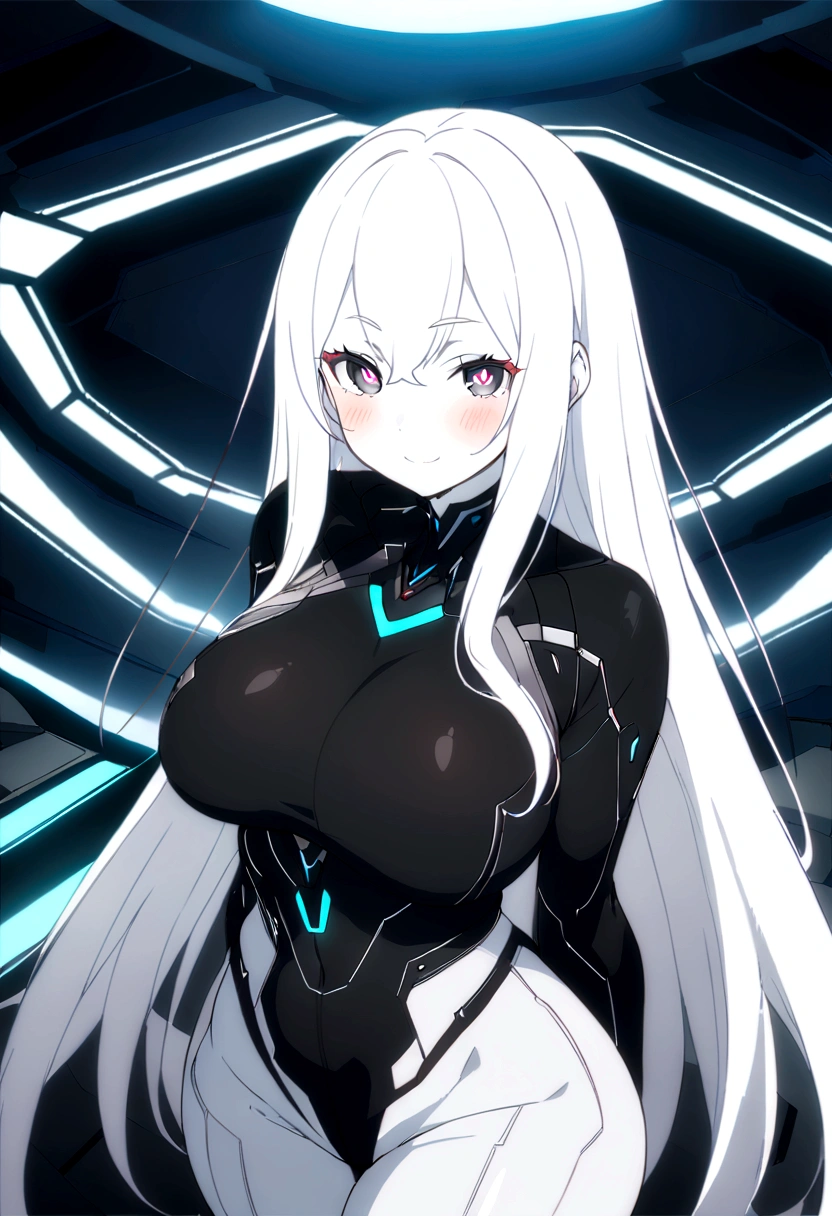 Masterpiece, High quality, High quality of art, anime lineart, 1girl,white hair, black eyes, white eyebrow, red eyeshadow, Tall, black cyber clothers, light gray cyber pants, big hips, big chest, very blush, white hearts in eyes, in future base, looking at viewer, smile, white skin