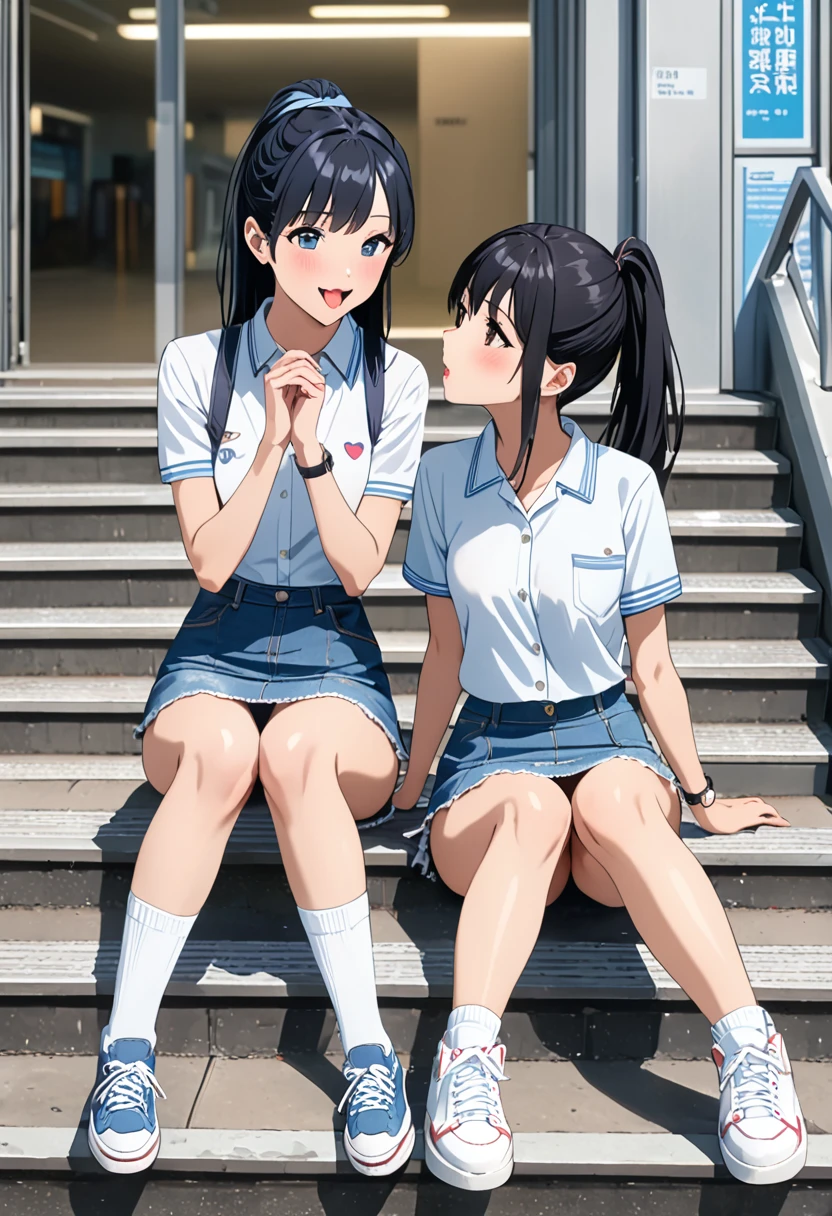 ((Highest quality, masterpiece, freak, Super Resolution)), 2People Girls、Black hair ponytail、Big ribbon、Sitting on the steps in front of the station、 (Spread your legs)blush、from the front、(Blue denim tight mini skirt、Ultra mini skirt)、light blue lace panties、 loose socks、sneakers、Sticking out tongue、kiss