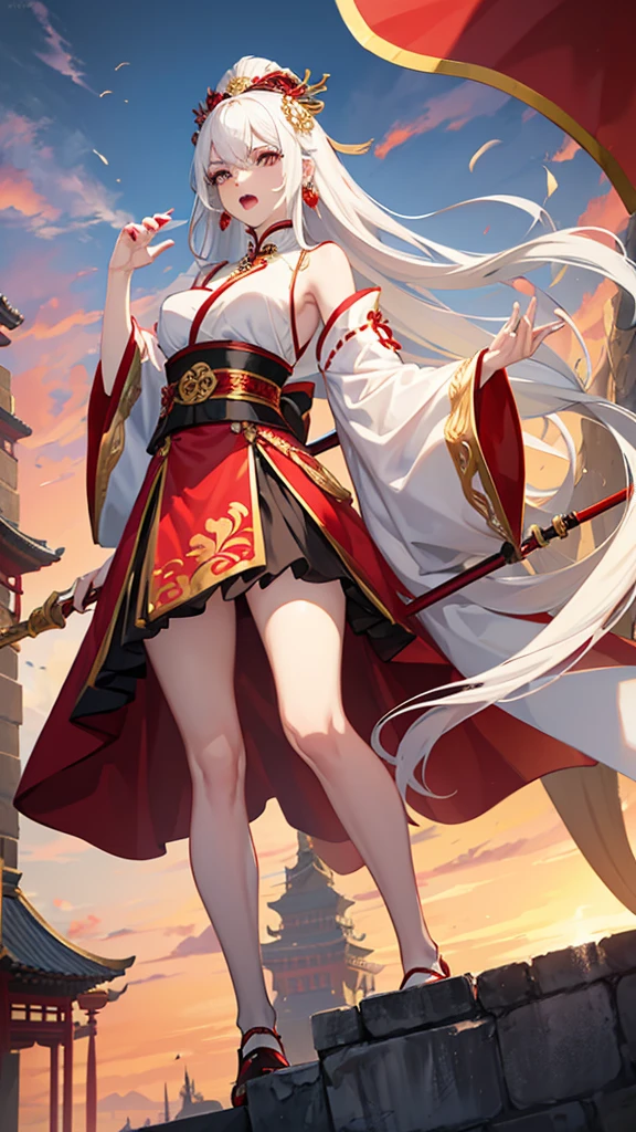 A female empress, white-haired, with gold eyes, red nails, with notable physical characteristics, mostrando os peitos, legs open showing pussy, with an angry face and a provocative look, with open mouth showing tongue. Wearing traditional Chinese imperial clothing decorated in gold with black details, with red Hanafuda earrings, with a short red skirt. Holding a majestic spear of shining silver pointed forward. Standing on a balcony of a Chinese castle with a sunset and flags in the background.