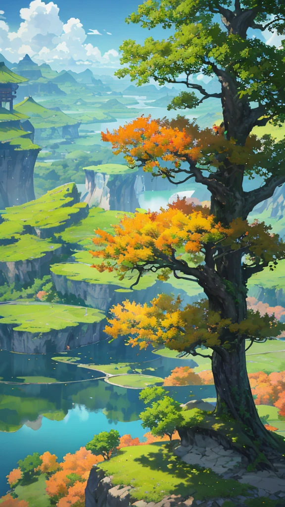 China、Half the sky、Autumn scenery、ginkgo leaf、jungle、lake,The tree、grassland、Rochas、hydrosphere、(Implications:1.0)、Epic Composition、Realistic lighting、High Definition Details、masterpiece、best quality,(Highly detailed CG Unity 8k wallpaper)