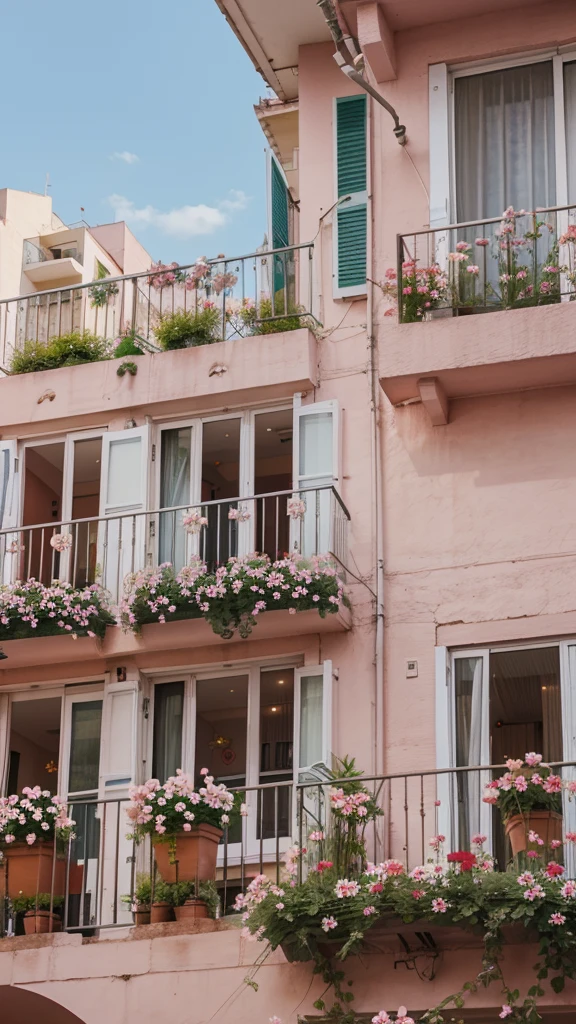 photo of pink flowers, Behind the flowers, a balcony with a view of day apartments