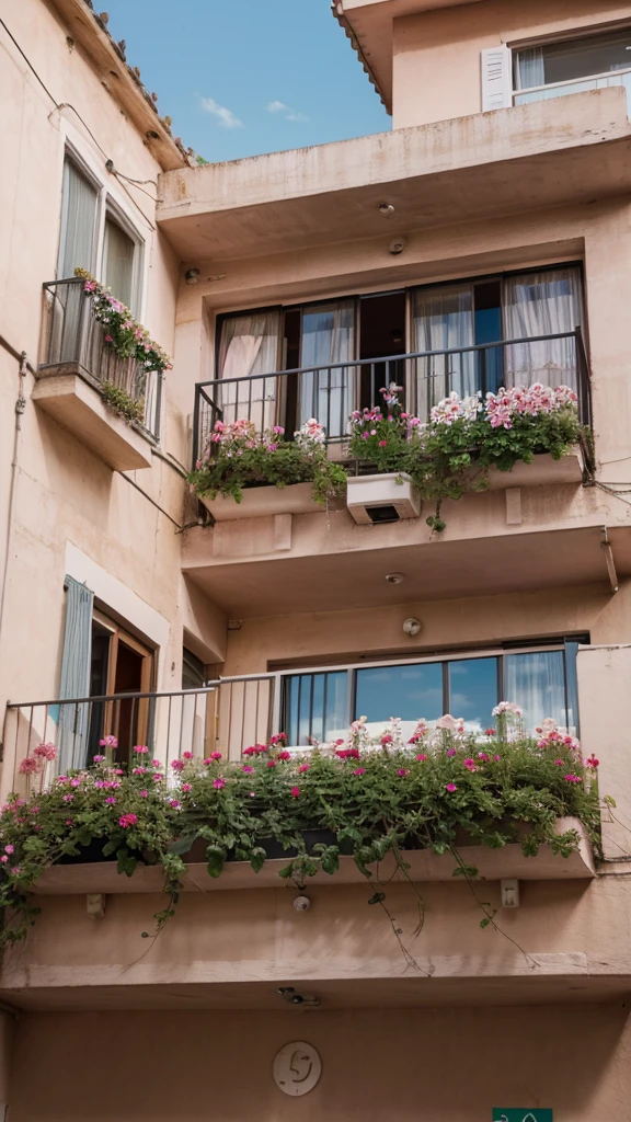 photo of pink flowers, Behind the flowers, a balcony with a view of day apartments