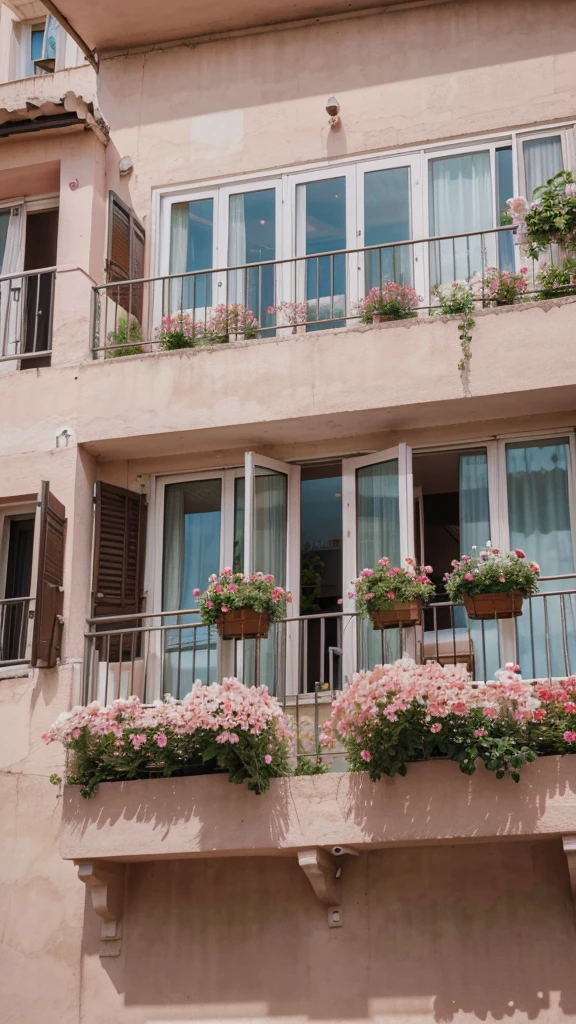 photo of pink flowers, Behind the flowers, a balcony with a view of day apartments