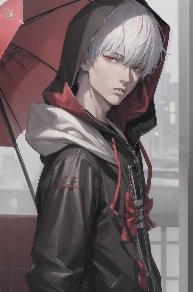 kk, best quality, more details, masterpiece, 1boy, kaneki ken, portrait, male focus, red eyes, solo, bangs, looking at viewer, hood, short hair, rain, tokyo tokyo \(city\),  hood up, nail polish, white hair, luxurious, 8k, detailed, ray tracing, depth of field, cinematic lighting,