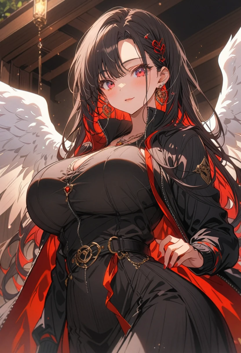 black、White、Blue and Red,(best quality, Extremely detailed, high resolution, Extremely detailed的 CG),Angel,She is beautiful,Black Trench Coat, (Big Breasts 1.2), Curvy beauty, (Mature woman),(Black windbreaker:1.2)