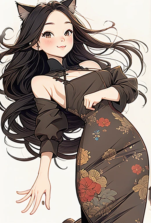 Half body, A pretty woman, long black wavy hair, Brown eyes, dark clothes, cat ears and tail, fangs,
