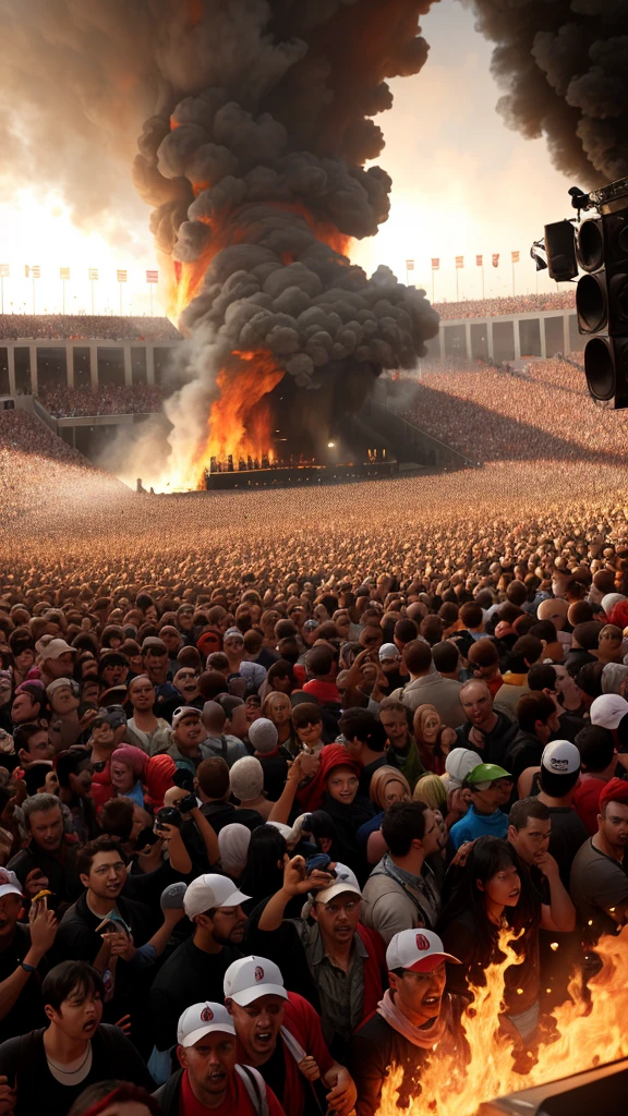 Panicked crowds ran away from the burning stage.