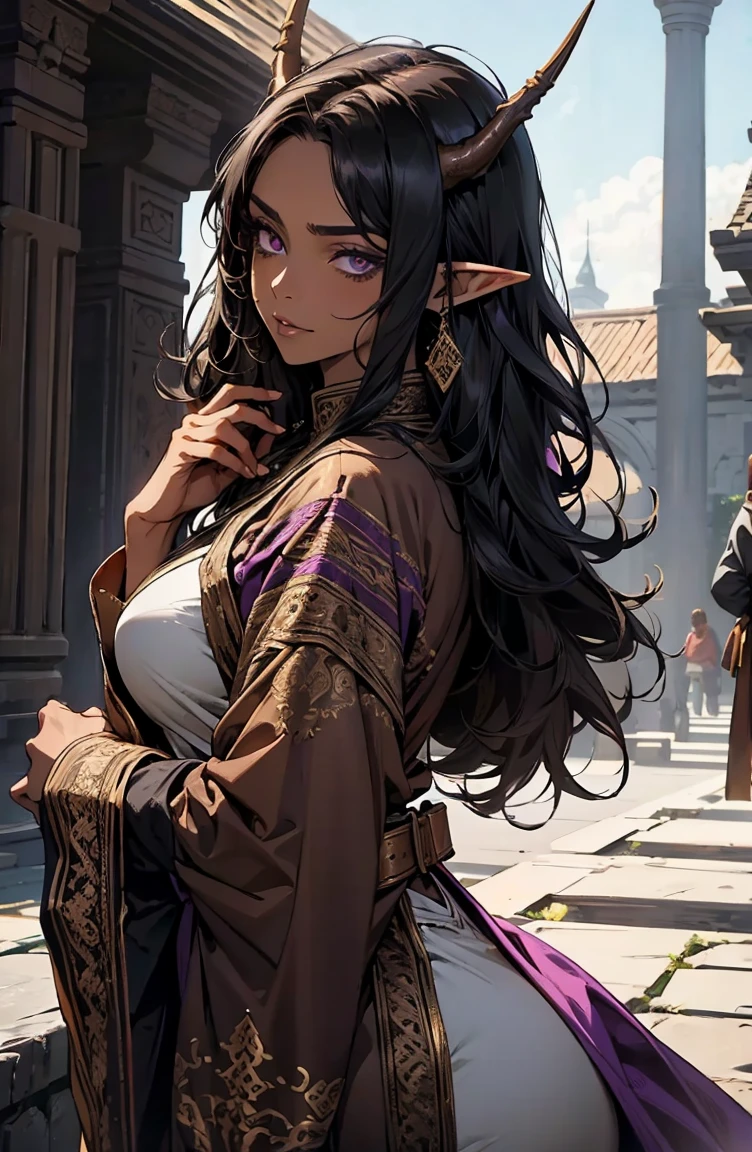 brown skin, older woman, sexy, tall, brown skin, one dragon wing, black hair, elf, elf ears, horns, dark clothing, purple clothing