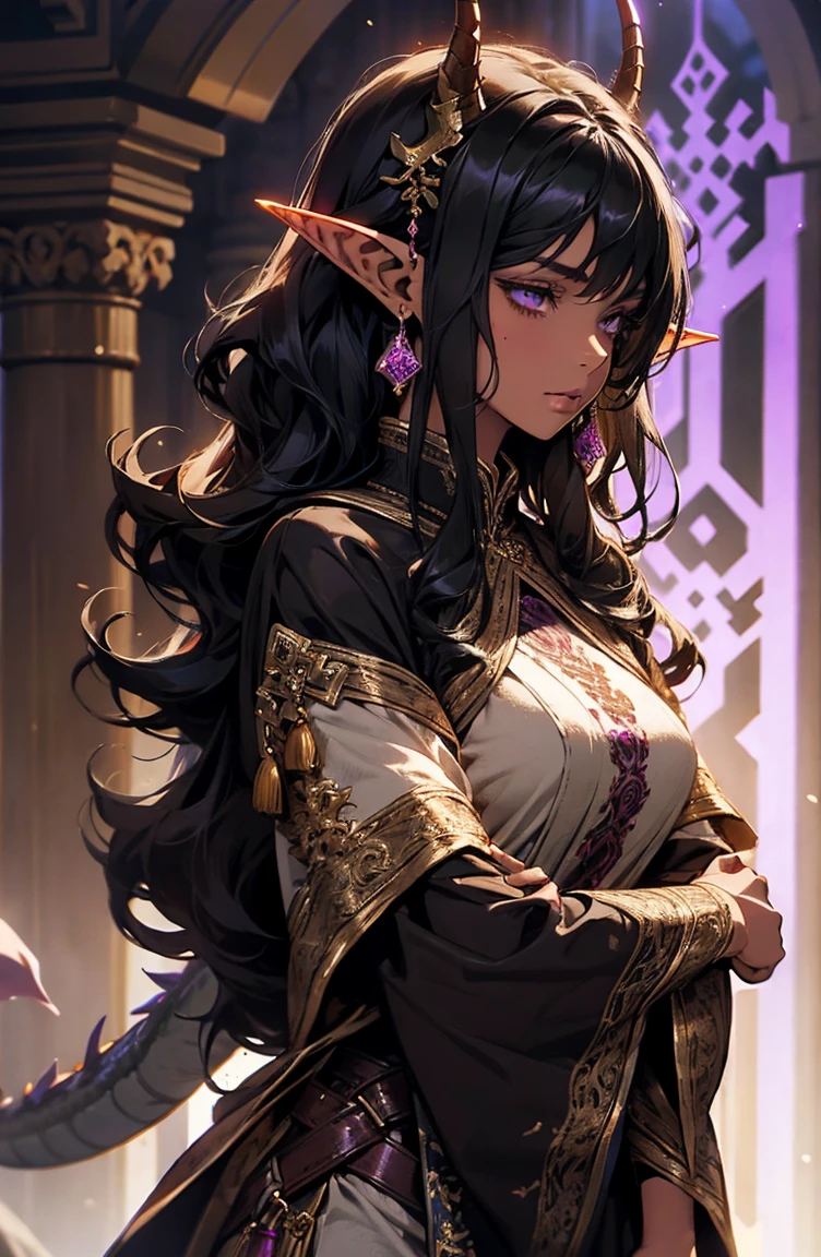 brown skin, older woman, sexy, tall, brown skin, one dragon wing, black hair, elf, elf ears, horns, dark clothing, purple clothing