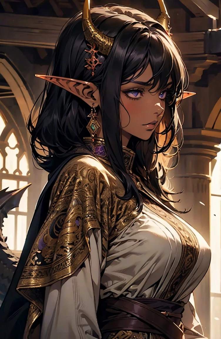 brown skin, older woman, sexy, tall, brown skin, one dragon wing, black hair, elf, elf ears, horns, dark clothing, purple clothing