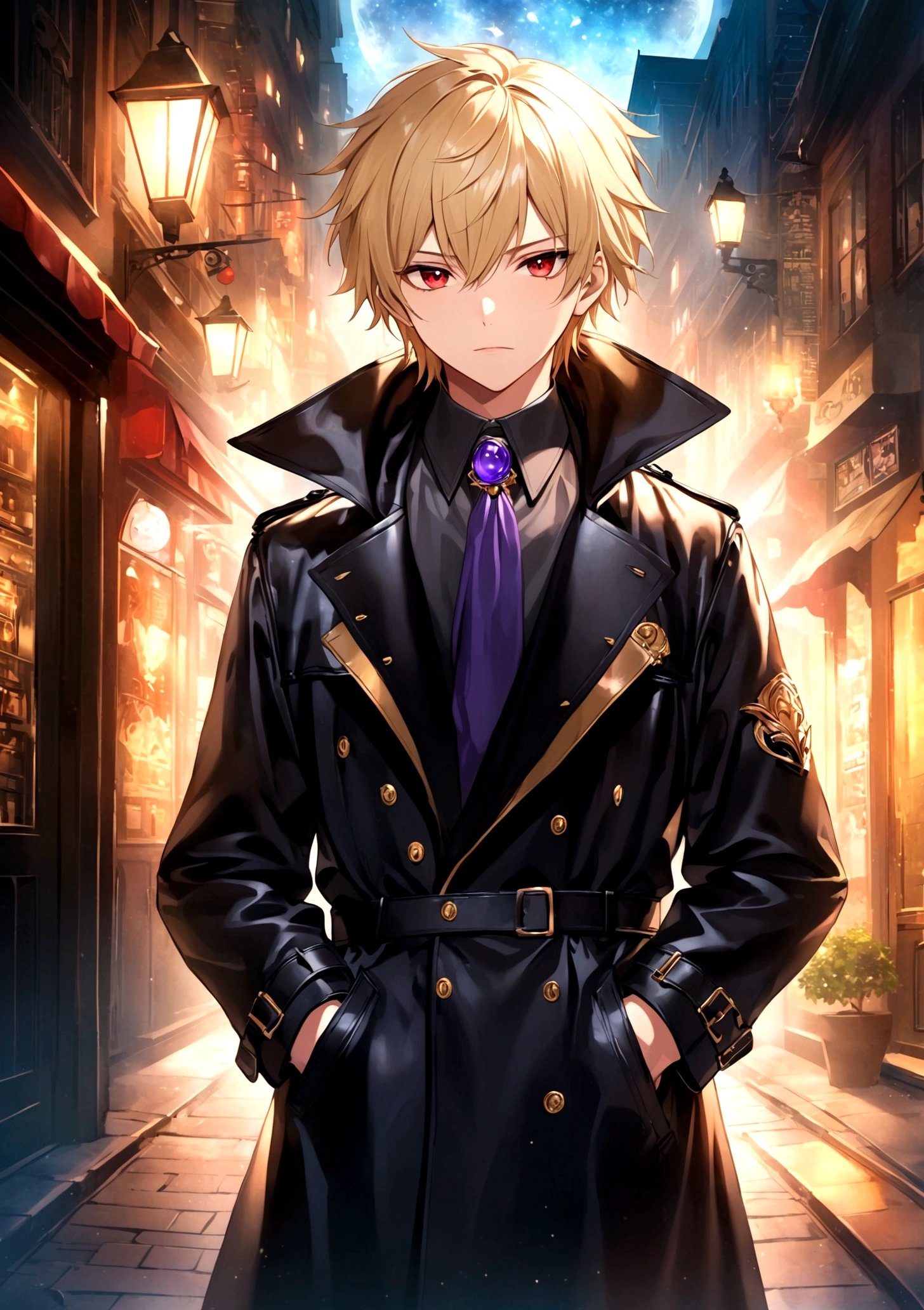 Hands in pockets,Exquisite facial features,blond，Red Eyes，Young male，Black trench coat，一个穿着Black trench coat的孤独身影，Leather texture，Glossy，Intricate details，Under the night sky，City Streets，Illuminated by street lights，Close-up of face，Thoughtful expression，profound gaze，Mysterious atmosphere，High-quality images，Artistic effects，HDR lighting。