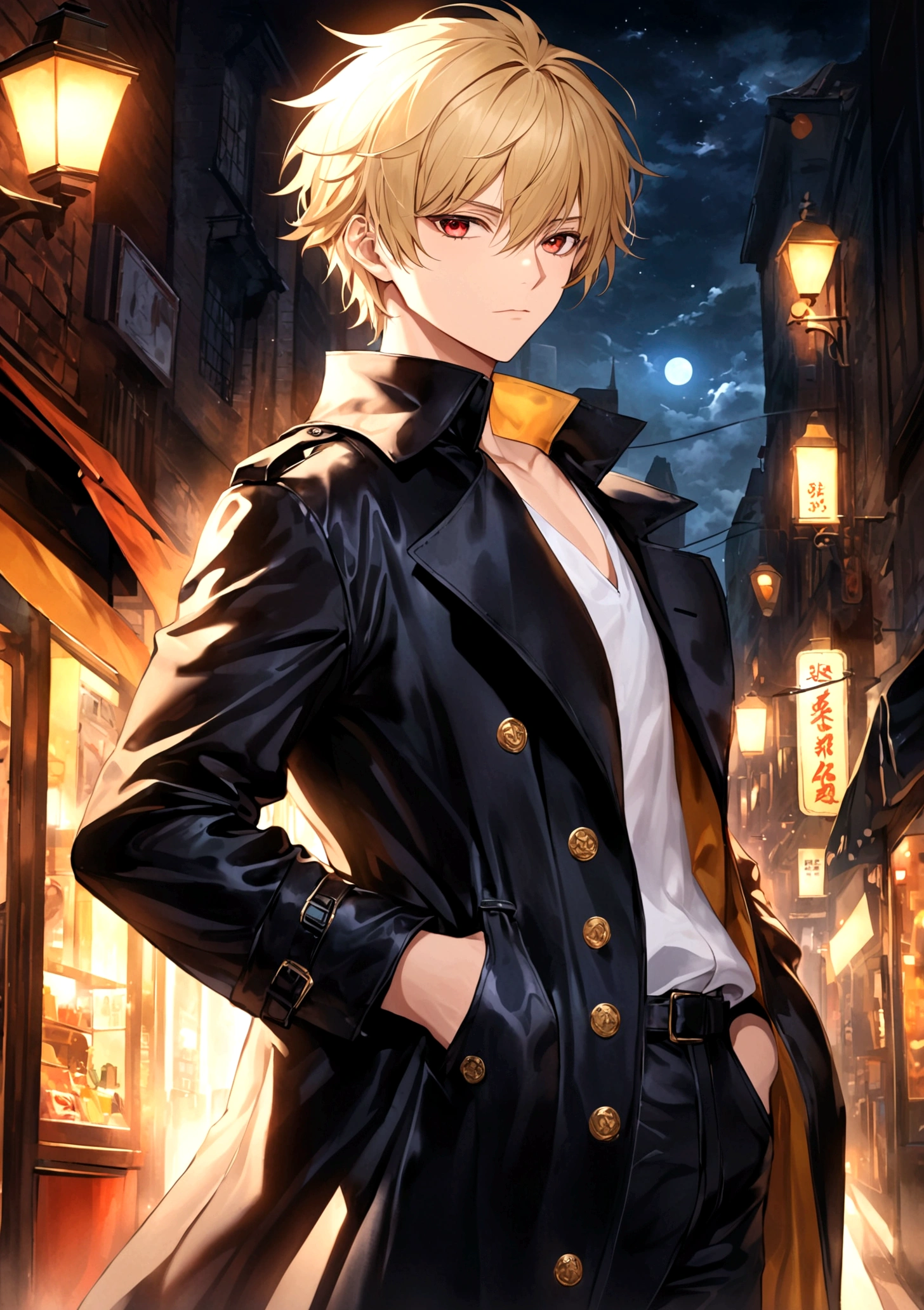 Hands in pockets,Exquisite facial features,blond，Red Eyes，Young male，Black trench coat，一个穿着Black trench coat的孤独身影，Leather texture，Glossy，Intricate details，Under the night sky，City Streets，Illuminated by street lights，Close-up of face，Thoughtful expression，profound gaze，Mysterious atmosphere，High-quality images，Artistic effects，HDR lighting。