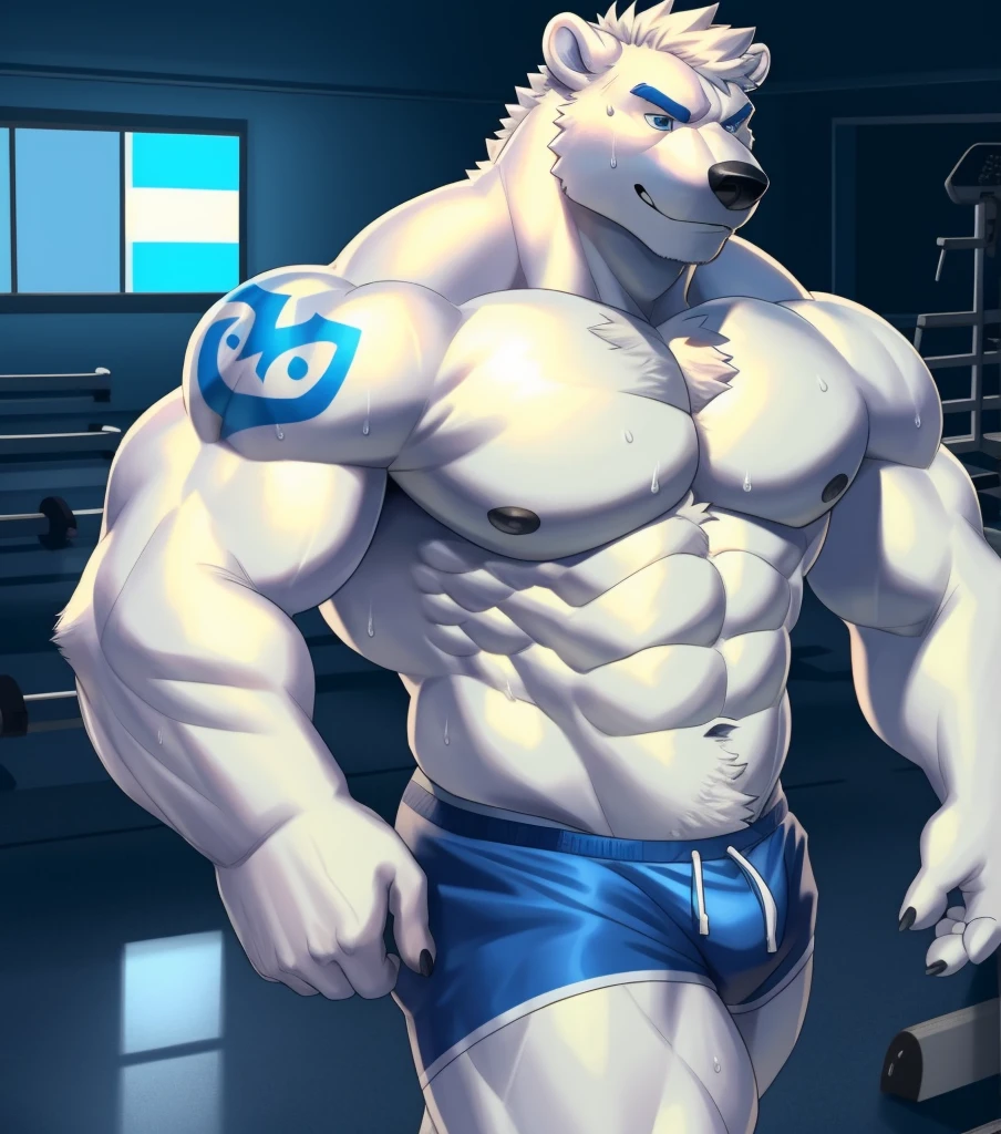 solo, anthro (Polar Bear, arctic bear), full ears, white fur skin, detailed blue eyes,Gymnasium: 1.6, sweat, heavy breathing: 1.5, correct anatomy, biceps, (huge muscular) Herculean god, thick, tattoo, veins all over the body, blue gym shorts (Shirtless and topless: 1.2), gym background and row down motivation, 8k hd, dark shadows