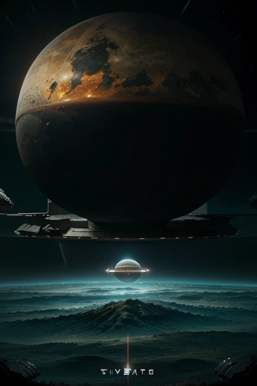 A spaceship is observing from afar a giant, hostile and stormy planet in the infinite universe