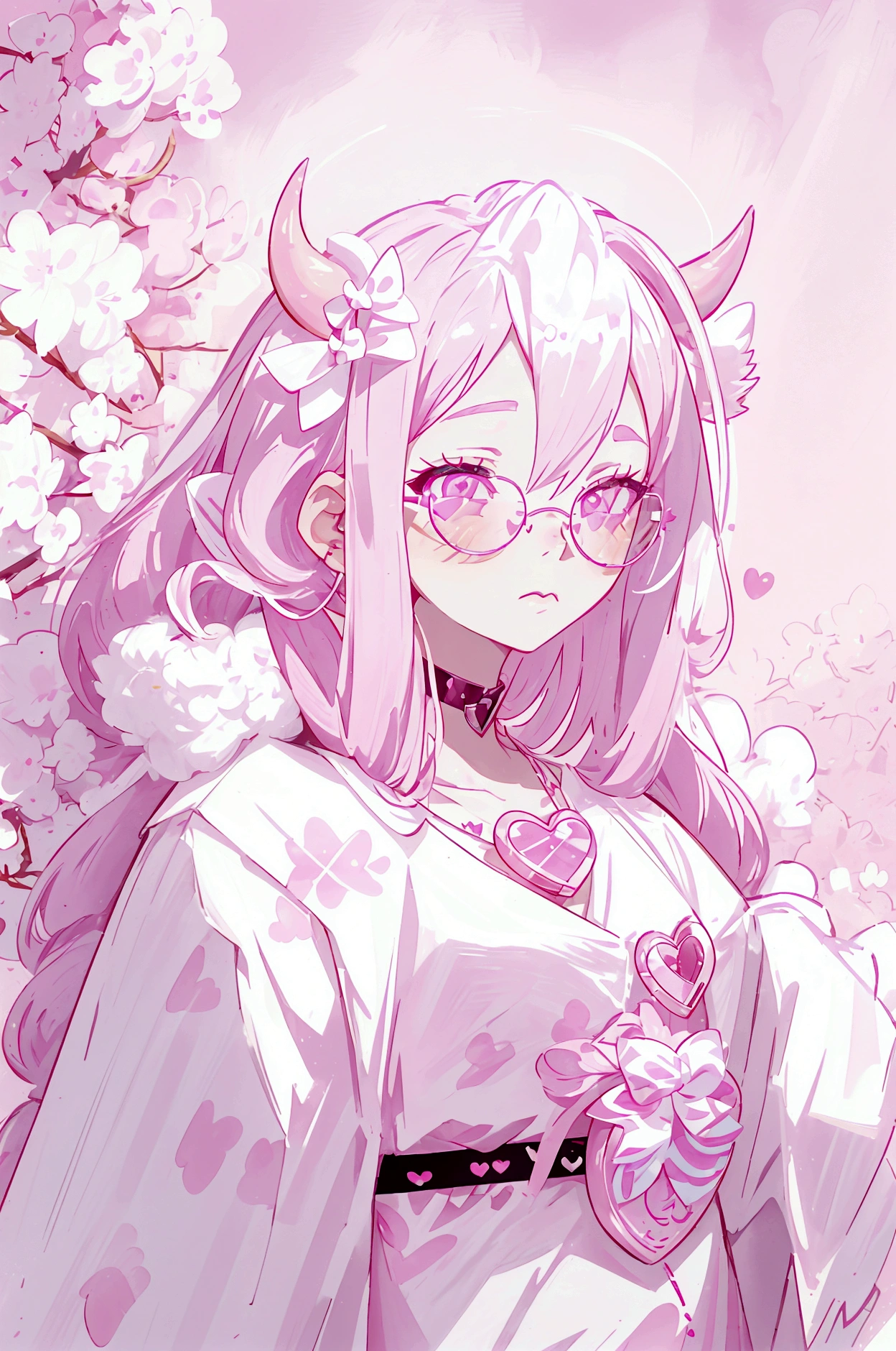 "IMVU, pink hair, pink heart eyes, white round glasses, pale skin, white and pink cow ears, white horns with pink bows, fuzzy white jacket with pink spots, pink cowbell choker, kawaii, soft, high quality, masterpiece, 8k"