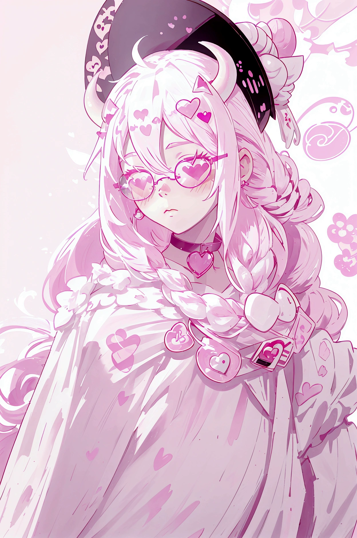 "IMVU, pink hair, pink heart eyes, white round glasses, pale skin, white and pink cow ears, white horns with pink bows, fuzzy white jacket with pink spots, pink cowbell choker, kawaii, soft, high quality, masterpiece, 8k"