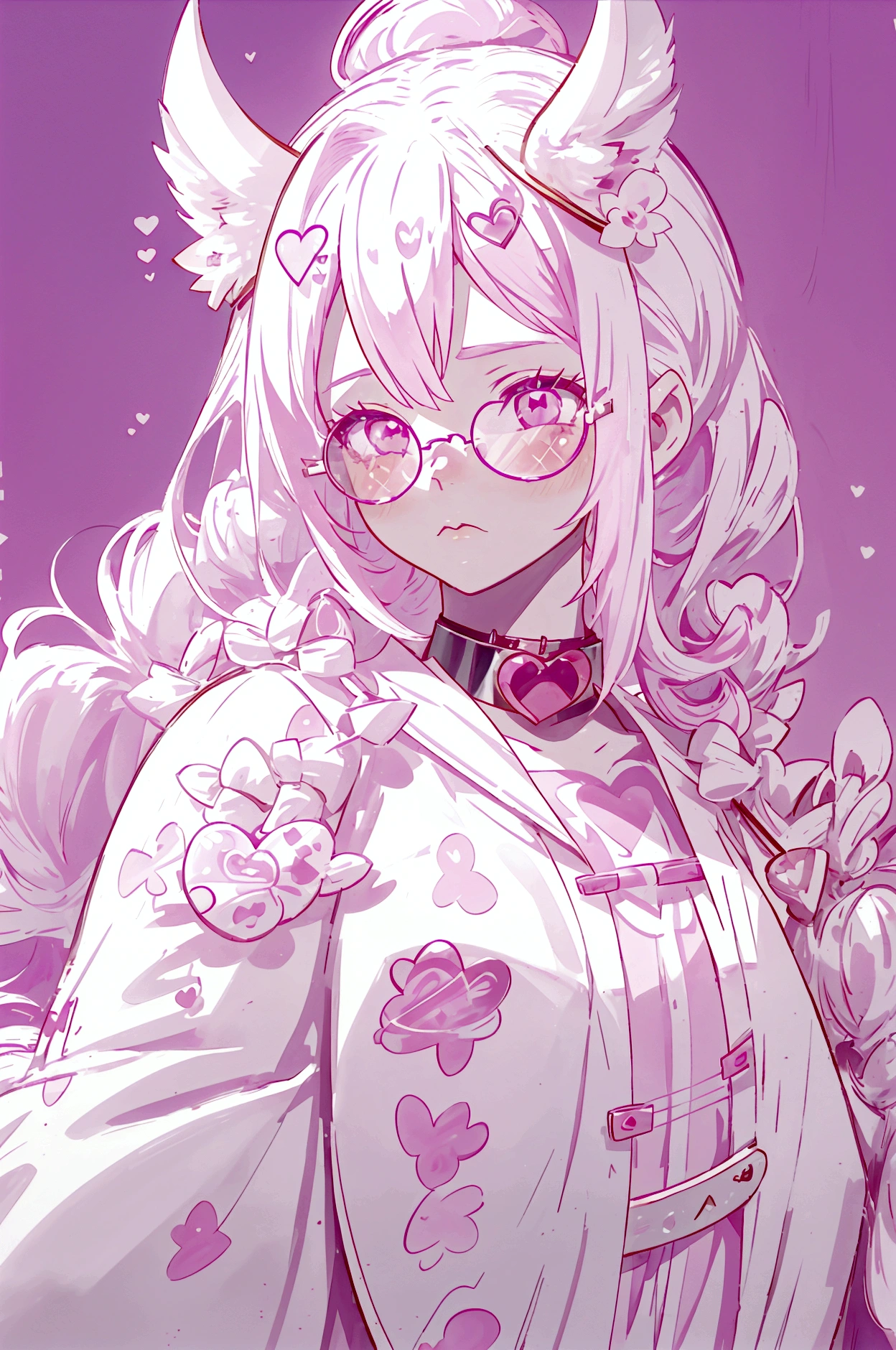 "IMVU, pink hair, pink heart eyes, white round glasses, pale skin, white and pink cow ears, white horns with pink bows, fuzzy white jacket with pink spots, pink cowbell choker, kawaii, soft, high quality, masterpiece, 8k"