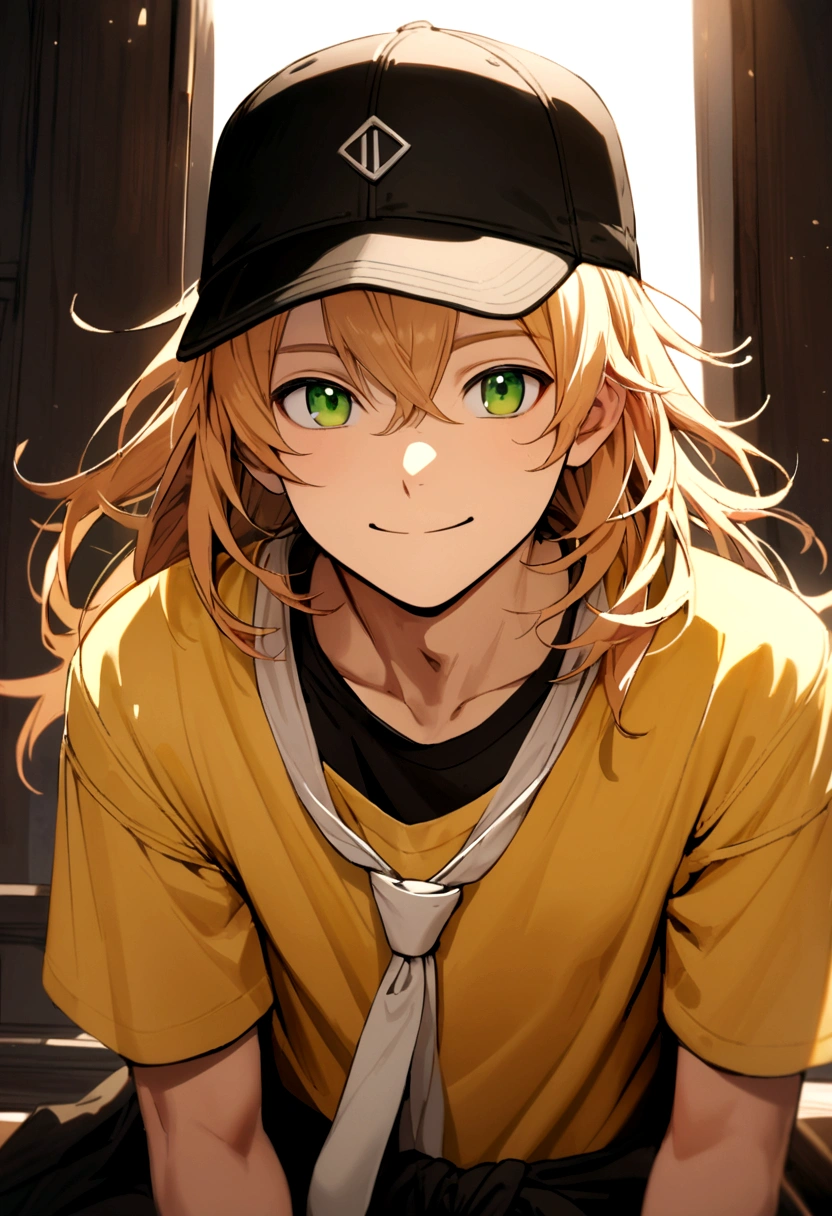 The boy had apricot hair, neck-length hair, green eyes, wearing a black baseball cap, yellow t-shirt, black long-sleeved shirt inside, and a white tie around his waist, smile
