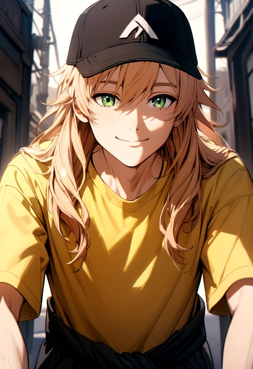 The boy had apricot hair, neck-length hair, green eyes, wearing a black baseball cap, yellow t-shirt, black long-sleeved shirt inside, and a white tie around his waist, smile