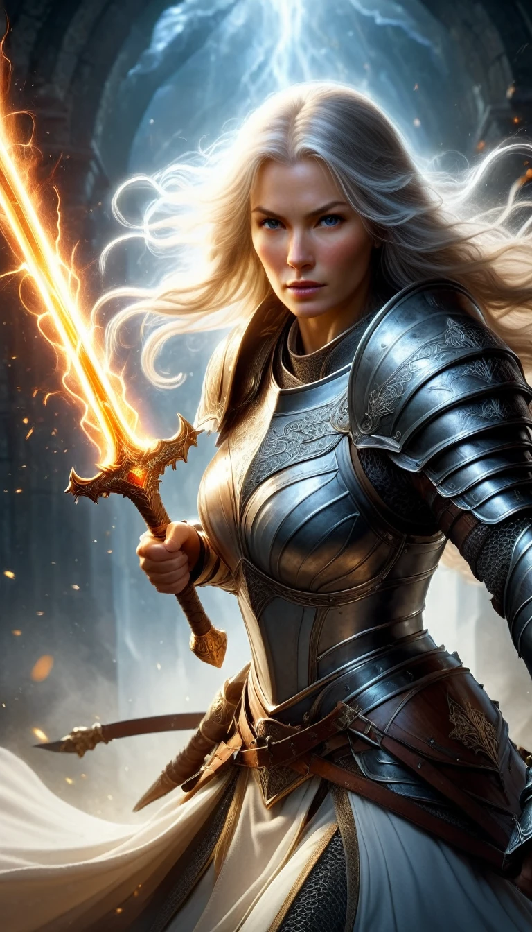 old lady knight, powerful aura, unleashing a slash, dynamic pose, glowing energy, intense expression, detailed armor, fantasy setting, battle scene, vibrant colors, magic, flowing hair, epic, , shining sword, action, dramatic lighting, high contrast, sparks, mystical, warrior, heroic, ethereal, enchanted, strong, determined, anime style, intricate design, motion blur, radiant, fiercee, medieval fantasy, power, dramatic, swirling energy