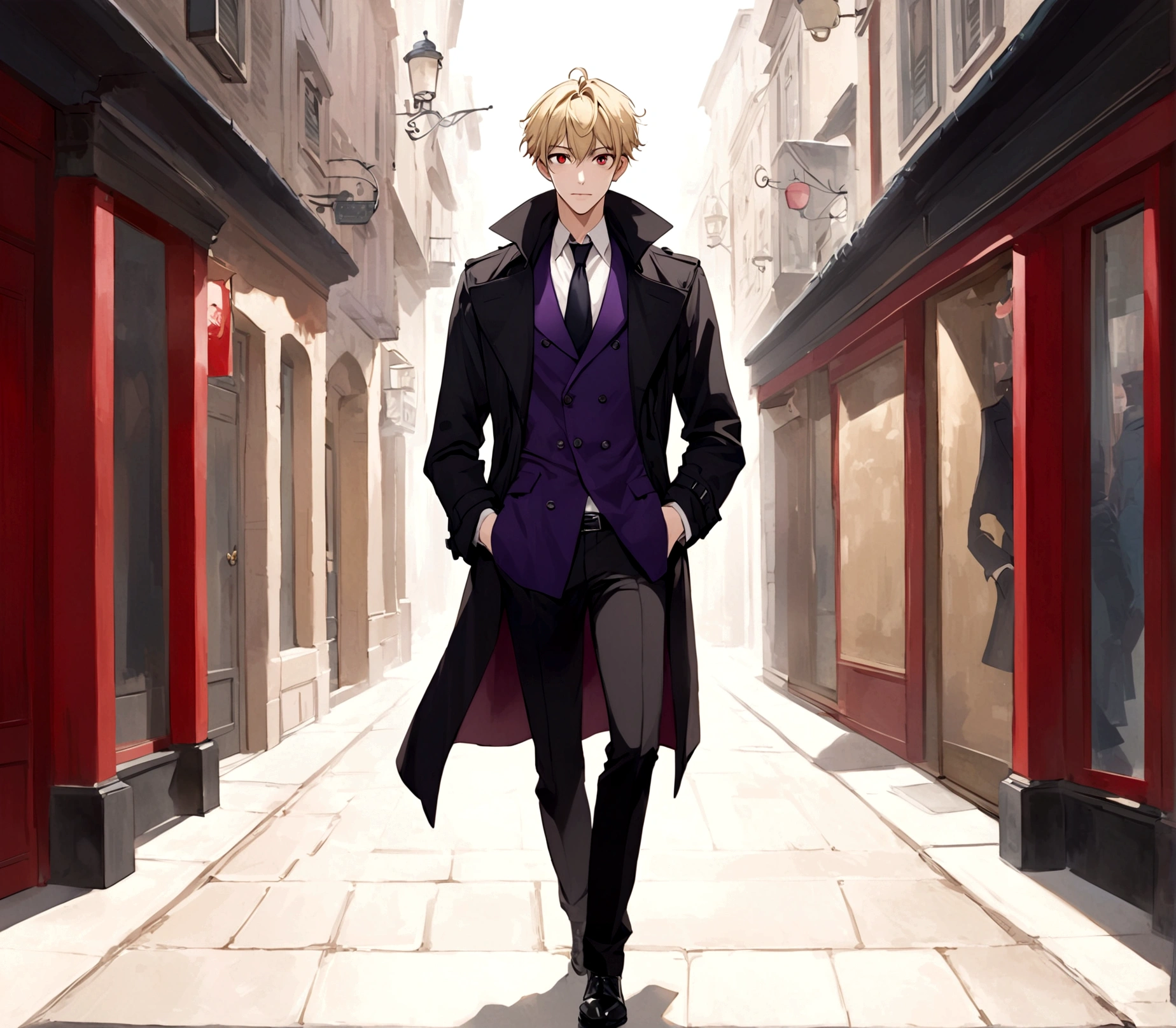 Hands in pockets,Exquisite facial features,blond，Red Eyes，Young male，Black trench coat