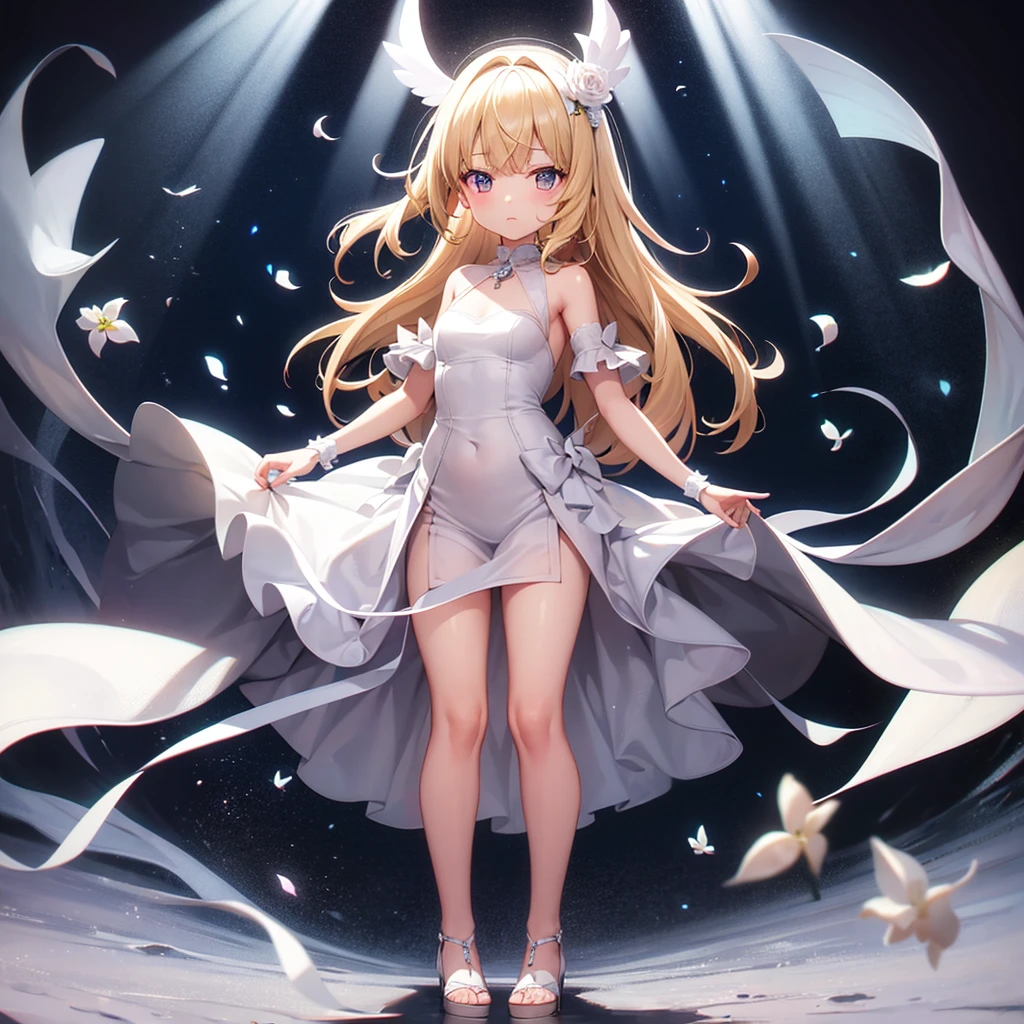 (((White Wedding Dress))), ((Bellline)),In a naughty way,Cute little ,Tiny Lori,Small girl,,Childish face, Very fine clean face,Top quality, Big eyes,Straight Hair,Yellow hair,Crimson Eye,(Dark Room), Subtle light, Natural light,Soft lighting,Light from directly behind, (Are standing), Cute pose, (Open your hands), Showing the whole body,Front view,Black background