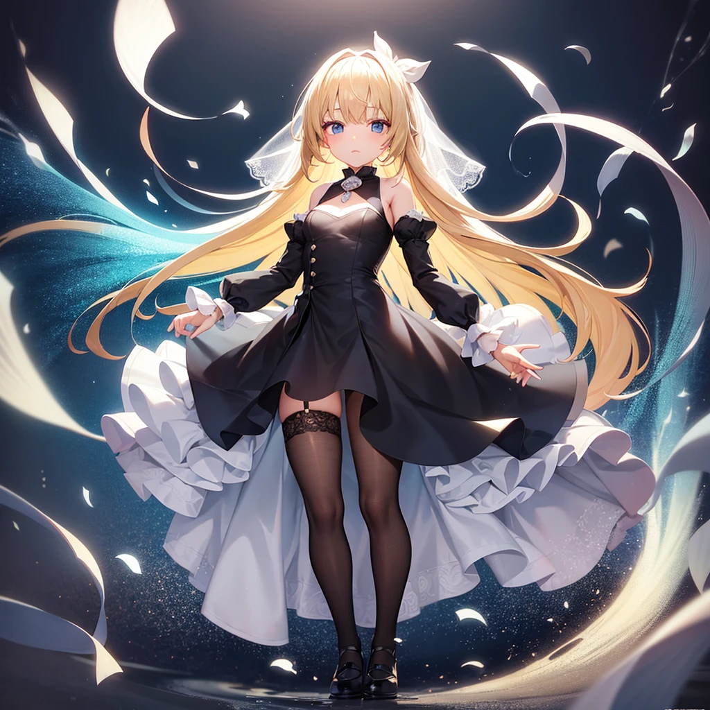(((White Wedding Dress))), ((Bellline)),In a naughty way,Cute little loli,Tiny Lori,Small girl,,Childish face, Very fine clean face,Top quality, Big eyes,Straight Hair,Yellow hair,Crimson Eye,(Dark Room), Subtle light, Natural light,Soft lighting,Light from directly behind, (Are standing), Cute pose, (Open your hands), Showing the whole body,Front view,Black background