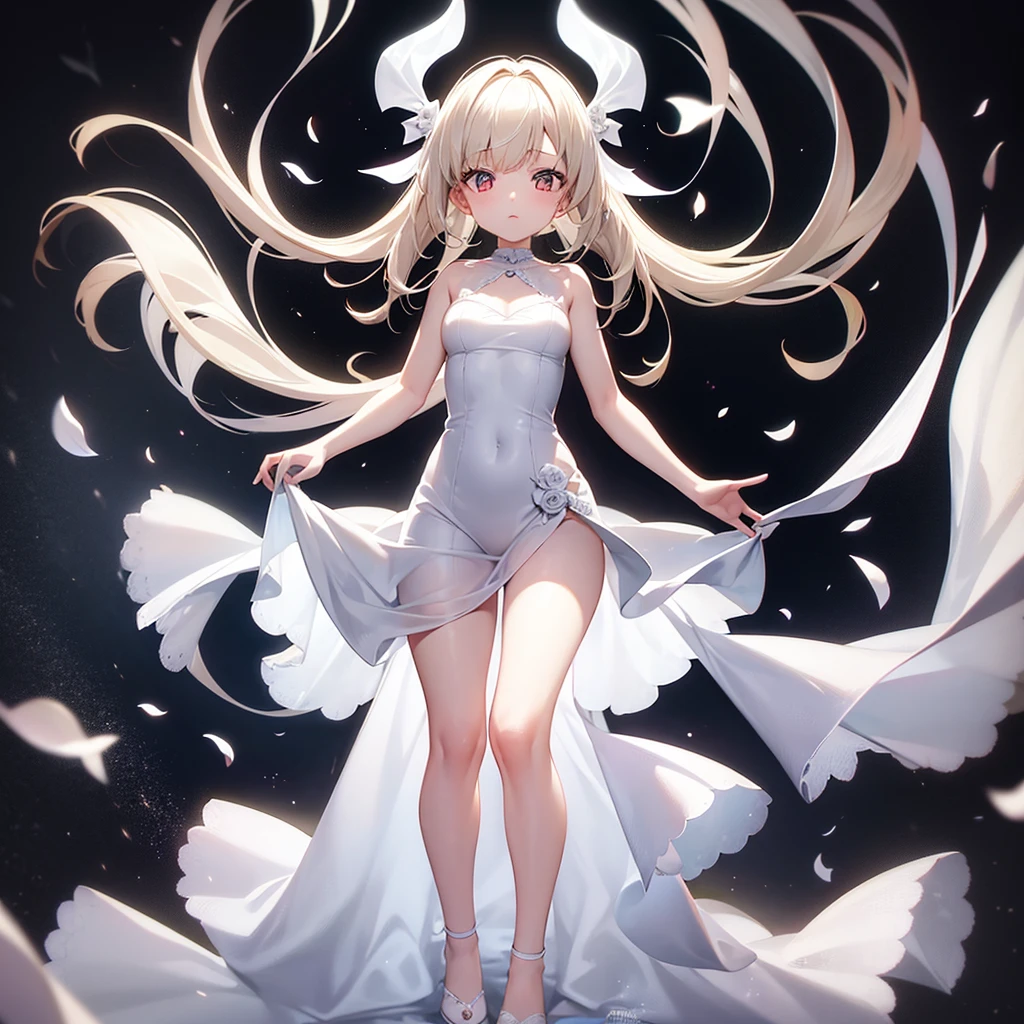 (((White Wedding Dress))), ((Bellline)),In a naughty way,Cute little loli,Tiny Lori,Small girl,,Childish face, Very fine clean face,Top quality, Big eyes,Straight Hair,Yellow hair,Crimson Eye,(Dark Room), Subtle light, Natural light,Soft lighting,Light from directly behind, (Are standing), Cute pose, (Open your hands), Showing the whole body,Front view,Black background