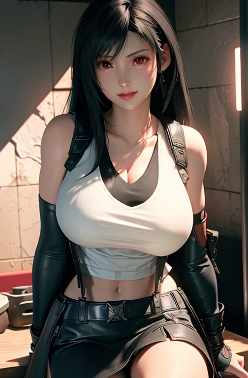 Tifa Lockhart, Tifa_Lockhart,  Final Fantasy 7, sultry face, (White vest:1.5), Black latex miniskirt, (Black long hair), Hair bangs (Red Eyes:1.2) Long eyelashes, Surrealism, shadow, Stereogram, Throw, Atmospheric perspective, light, Ray Tracing, 8K, Super Detail, best quality, masterpiece, Very detailed,Combat gloves, Large Breasts, (((Full and soft breasts,)))(((Huge breasts))) (((Cleavage)))  Slim, Big , Huge breasts, Open your legs, White Thong (Smile)