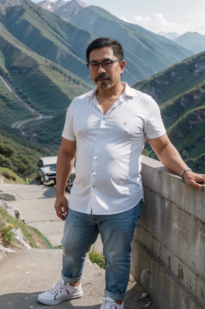 mature Indonesian guy.fat body. bearded. thin mustache. short hair.(( white shirt )) glasses. jeans. white shoes. in the mountains.