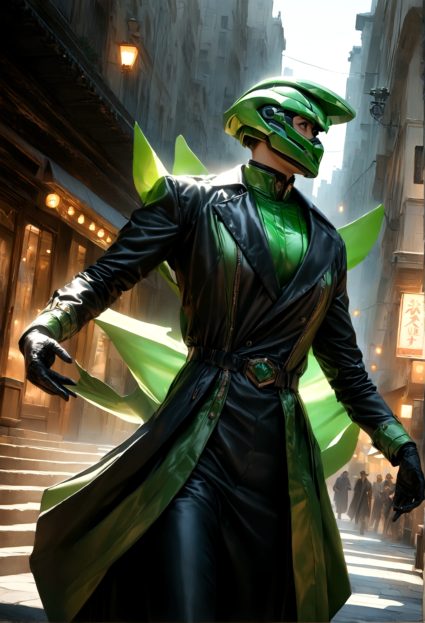 1girl,green power ranger,black trench coat,walking incognito,detailed costume,highly detailed,photorealistic,dynamic pose,dramatic lighting,cinematic composition,(best quality,8k,highres,masterpiece:1.2),ultra-detailed,(realistic,photorealistic,photo-realistic:1.37),dramatic lighting,cinematic composition,moody atmosphere,powerful energy
