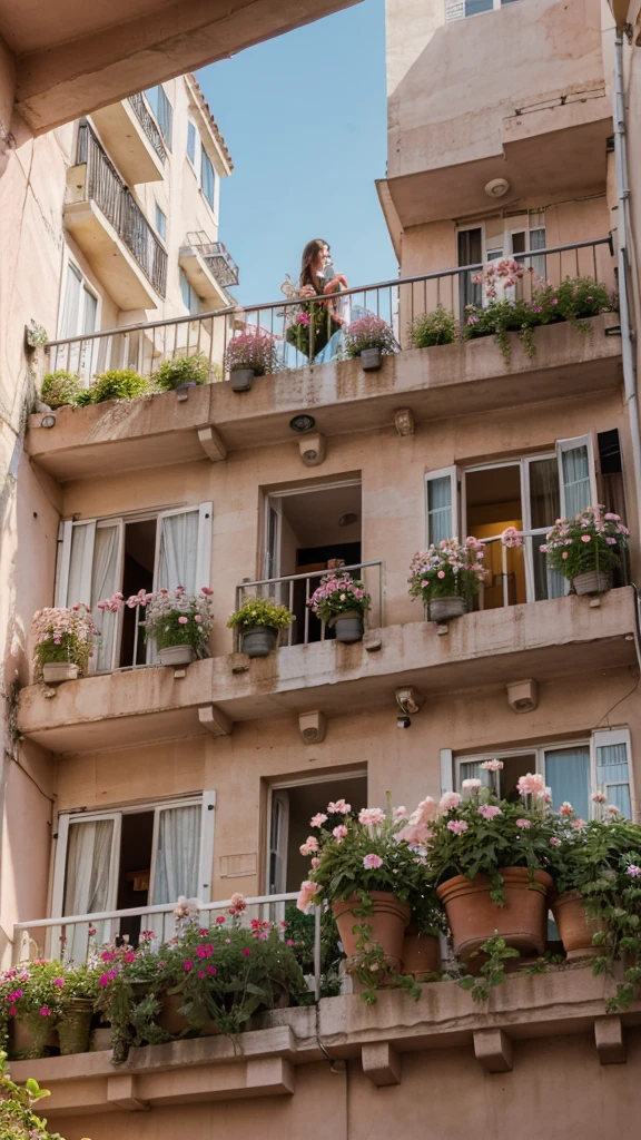 photo of pink flowers, Behind the flowers, a balcony with a view of day apartments