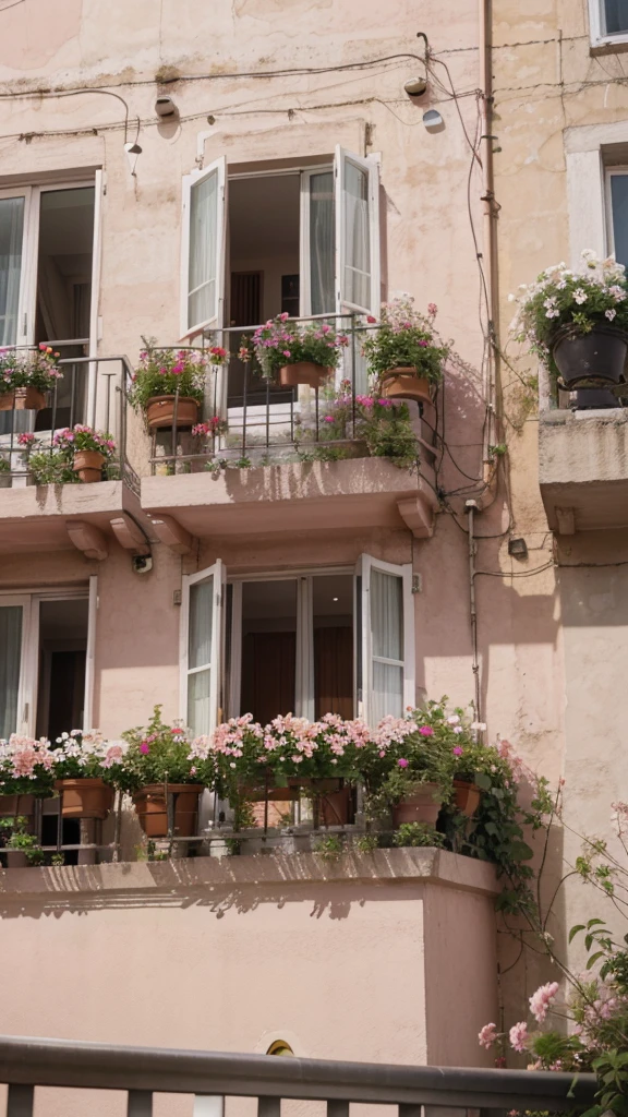 photo of pink flowers, Behind the flowers, a balcony with a view of day apartments