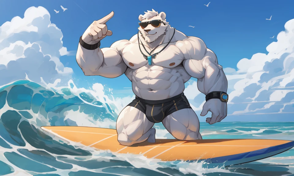 solo, 1boy, Huge Muscular White Polar Bear Dad wearing black sunglasses, huge white fur, pectoral, huge pectoral, wide pectoral, short white hair, blue-colored competitive briefs, black wristbands and shirtless topless, bearded, white Mustache, white fur, tooth necklace, professional surfer, surf board, background, masterpiece, high detailed, 8k, high resolution, at the ocean, surfing the waves, riding the surfboard, gliding on the surfboard, being totally radical, surf's up dudes