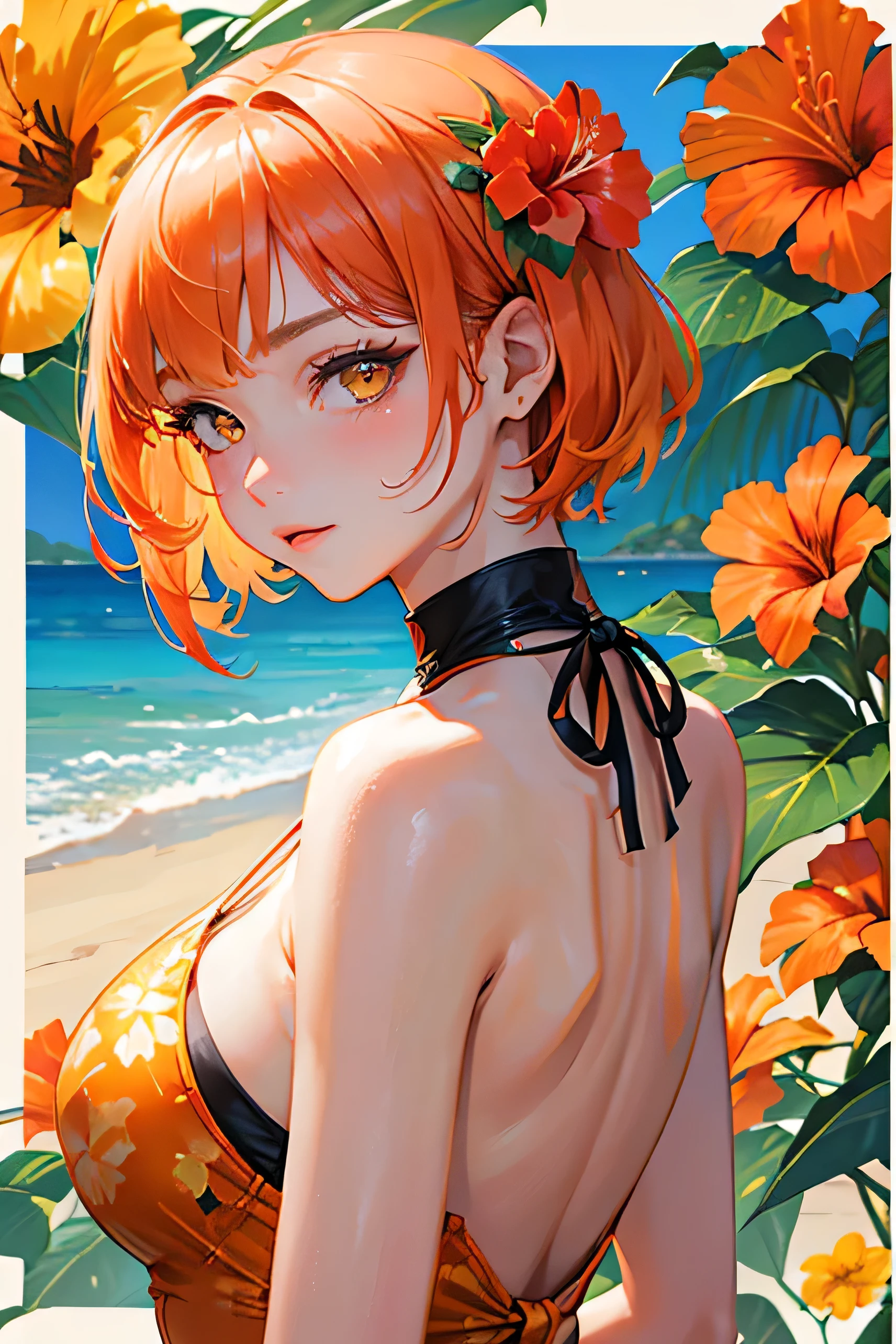 (Hibiscus pattern)Beautiful adult woman wearing a swimsuit、1 person、((Orange short hair))(Yellow Eyes)、Hawaii Background、Face close-up