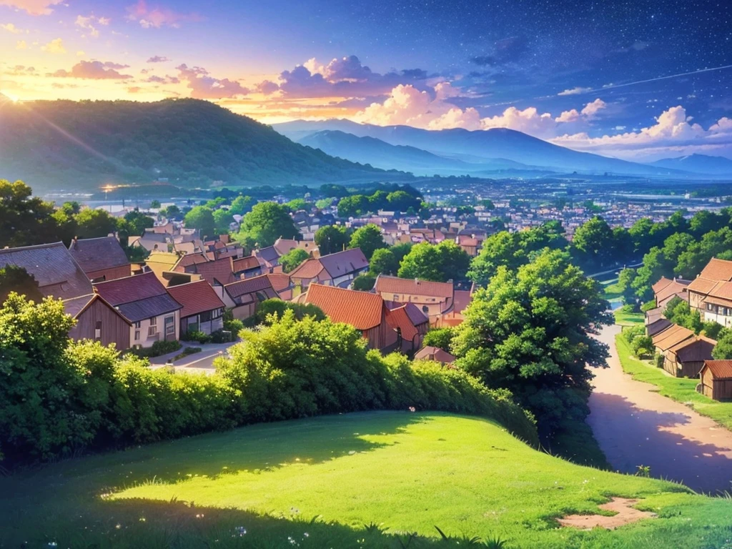 (landscape) (a quaint village nestles in the distance) (a myriad of captivating clouds fill the sky, complimenting the idyllic scenery) (beautiful sky and stars ) (sunset) (by makoto shinkai) (8k resolution)
