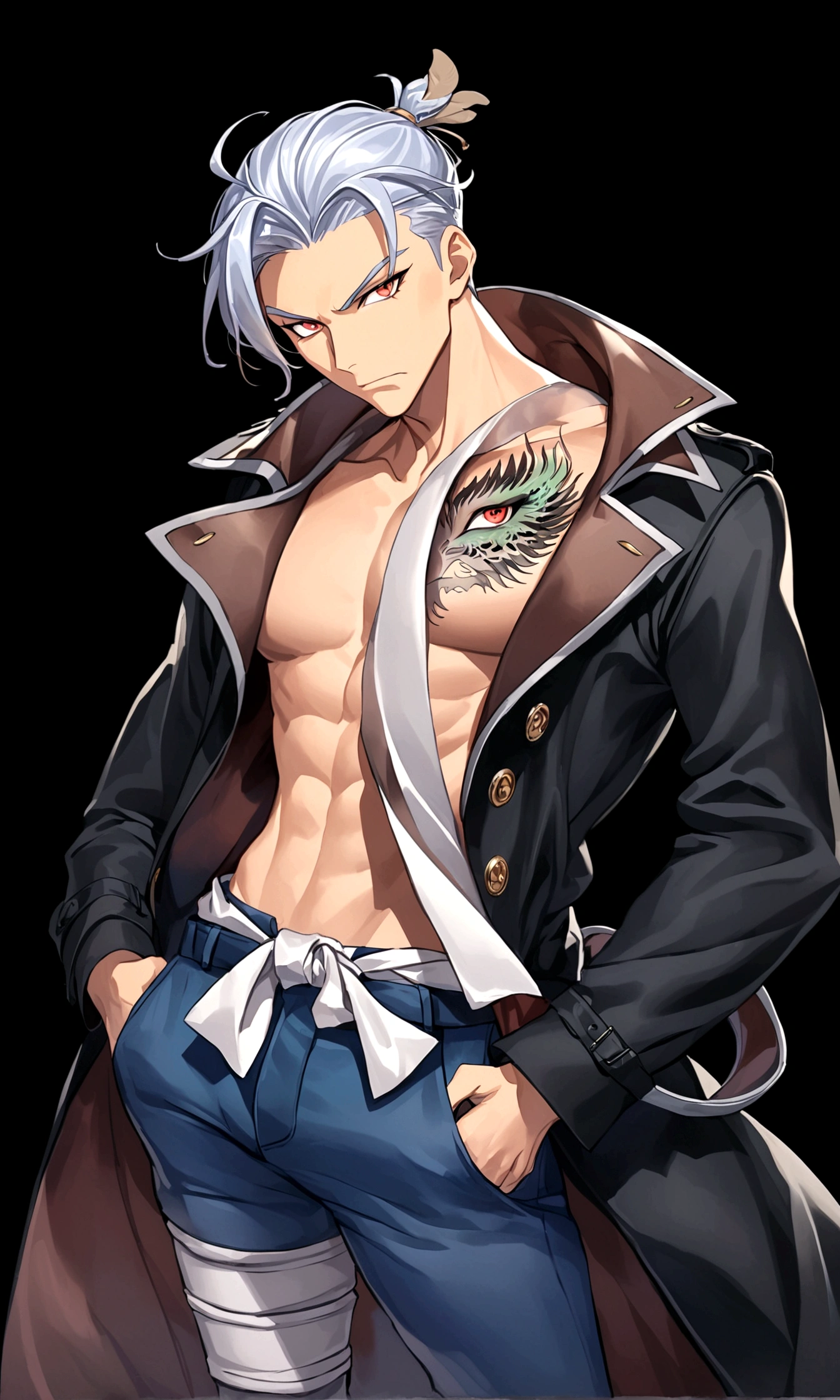 Poker face,Hands in pockets,Exquisite facial features,blond,Red Eyes,Young male,Black trench coat