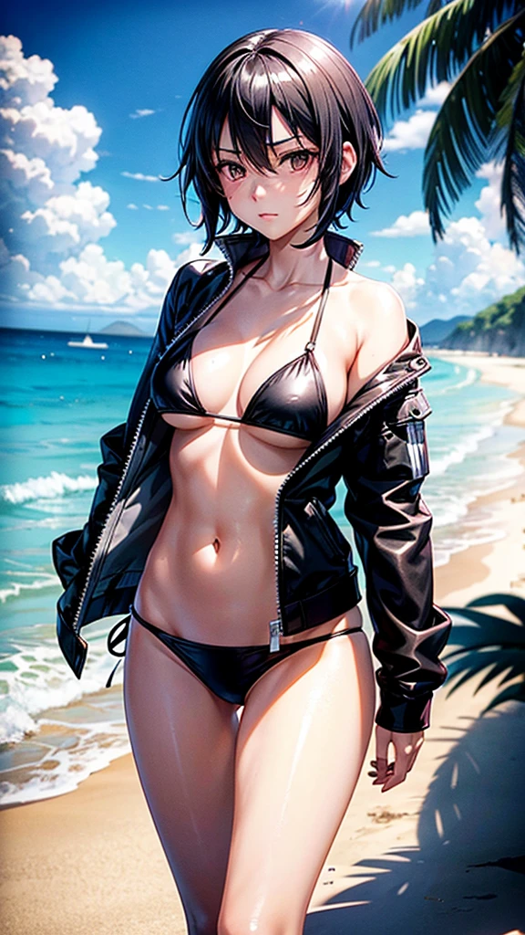  young woman, black short hair, white skin, black eyes, white bikini, quiet, sad eyes. Beach, walking,, sun day, beautiful. Anime sexy. Kurome Akame ga kill (NO JACKET)