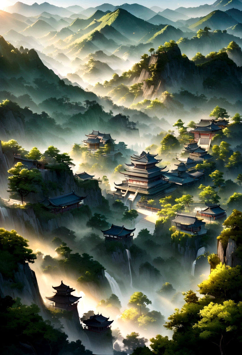 Chinese Landscape Painting Ink Painting High Angle Perspective OC Rendering Sculpture, Green tree々and green hills, Morning atmosphere with sunlight streaming in, 4K