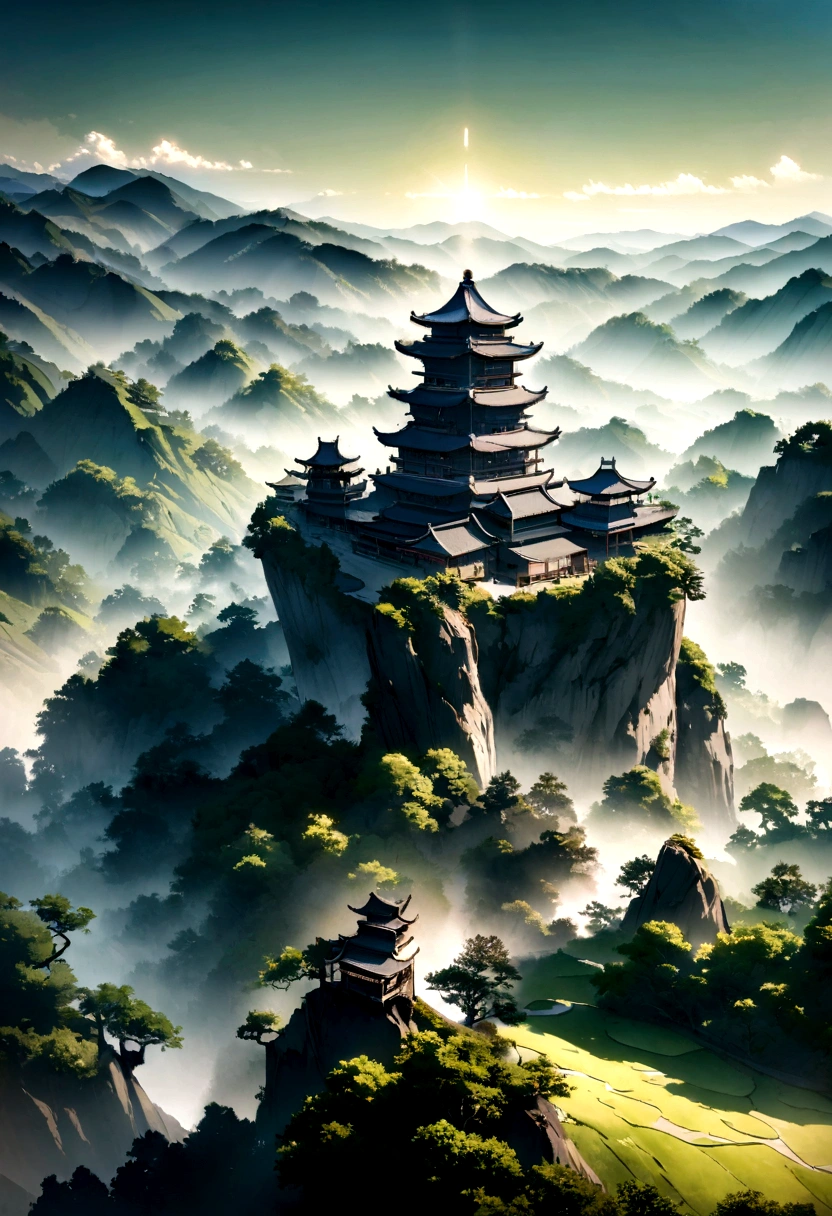 Chinese Landscape Painting Ink Painting High Angle Perspective OC Rendering Sculpture, Green tree々and green hills, Morning atmosphere with sunlight streaming in, 4K