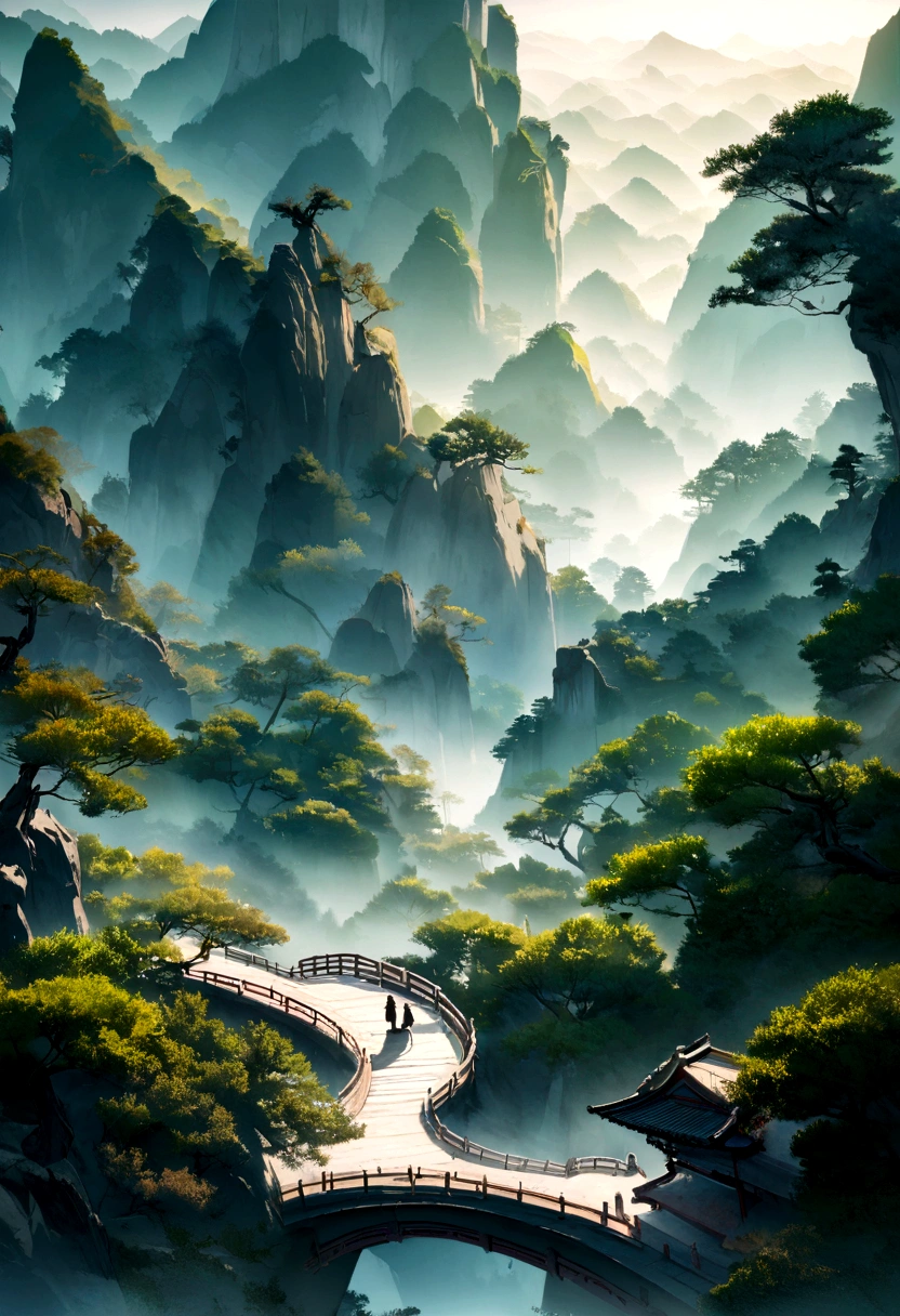 Chinese Landscape Painting Ink Painting High Angle Perspective OC Rendering Sculpture, Green tree々and green hills, Morning atmosphere with sunlight streaming in, 4K