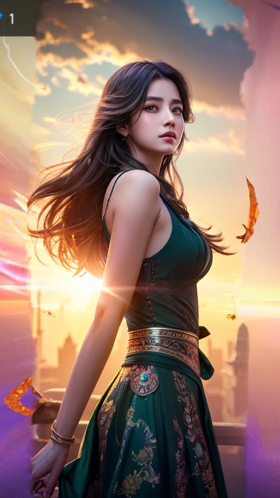 (RAW photo, best quality), (realistic, photo-realistic:1.3),best quality,highly detailed,masterpiece,ultra-detailed,illustration,1girl,upper_body,dynamic angle,world masterpiece theater,messy_long_hair,best quality,extremely detailed CG unity 8k wallpaper,ink,Amazing,cinematic lighting,lens_flare, dunhuang_style