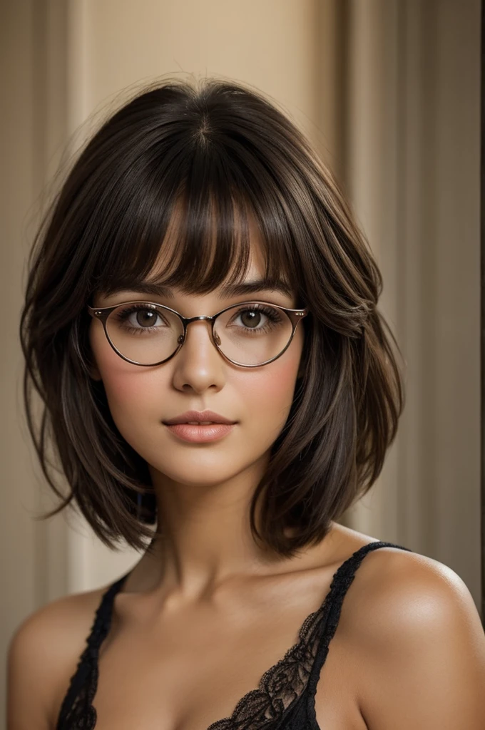 brunette girl, flaquita, short dark hair with bangs and round glasses, slanted eyes, dark brown eyes, lips with cupid's bow, round face, two moles under the lip on the left side of the face and one mole near the lip and chin on the right side of the face, between the eye and the cheek on the left side of the face a mole, dark eyebrows.