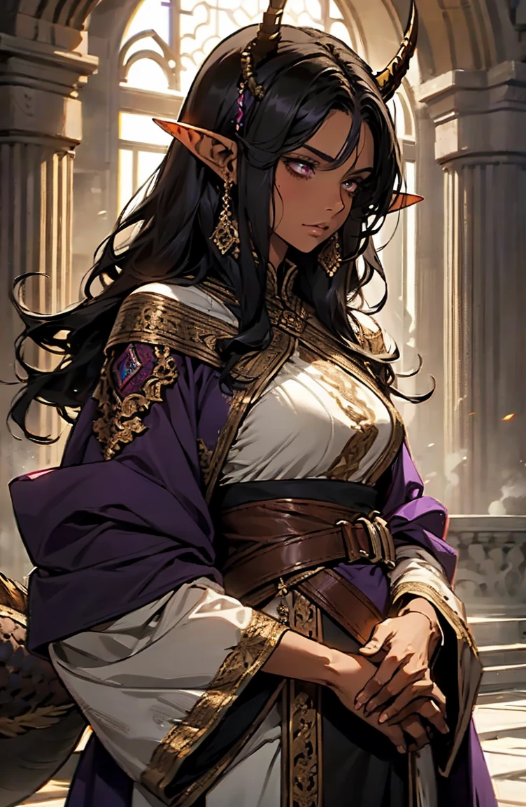 brown skin, older woman, sexy, tall, brown skin, one dragon wing, black hair, elf, elf ears, horns, dark clothing, purple clothing