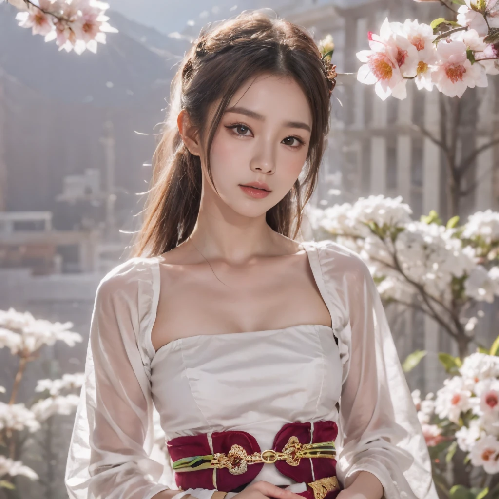 Blue sky and white clouds，Mountains in the distance、tower and many people，Pink flowers，Cherry tree，Hanfu woman,Phoenix crown tiara、Fine embroidery、穿Hanfu裤袜、Hanfu、穿长袖Hanfu、The legs are transparent and clearly visible、Look and、Exposed oversized breasts、Raw,(8K、Top quality、masterpiece:1.8)、(Intricate details:1.8)、(Reality:1.8)、Octane Rendering、Complex 3D rendering with ultra-details, Studio soft light, Side light, Vivid details, Super Detail, Realistic skin texture, Details, beautiful eyes, Highly detailed CG Unity 16k wallpaper, cosmetic, (Detailed background:2.0), Clear your fingers，Beautiful fingers，Radiant skin、Spread your legs，Camel toe showing thigh!!!、