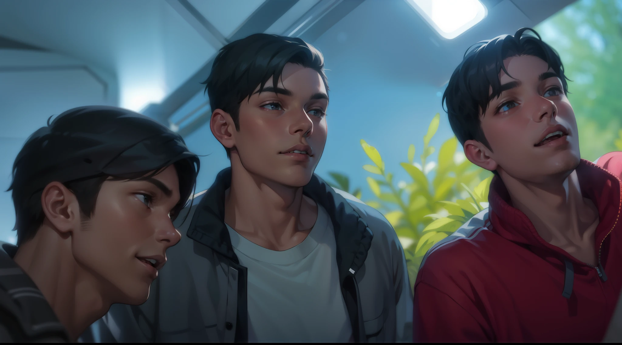three 18 year old boys come up to look into someone&#39;s eyes, they talk, they laugh 