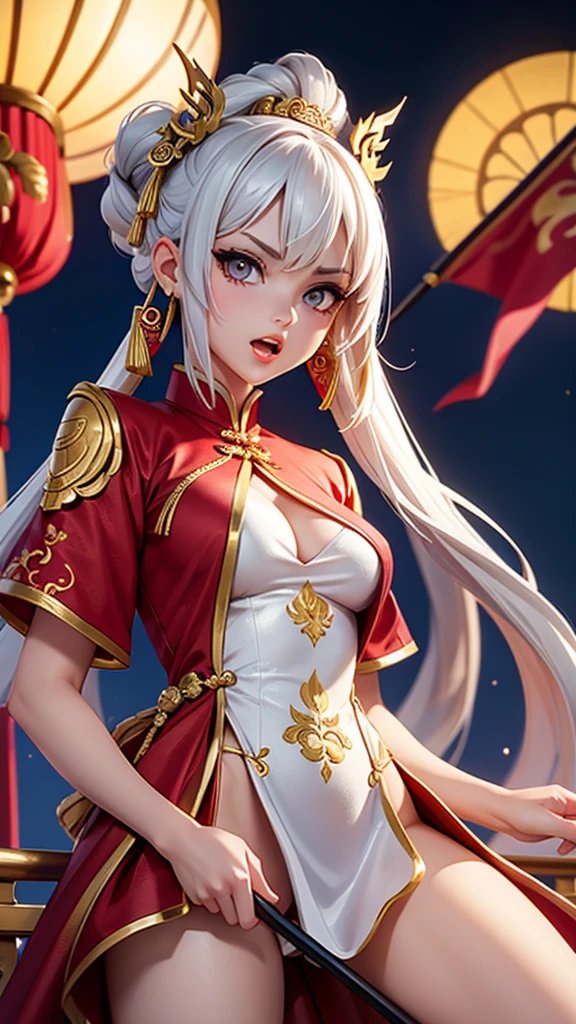 A female empress, white-haired, with gold eyes, red nails, with notable physical characteristics, mostrando os peitos, legs open showing pussy, with an angry face and a provocative look, with open mouth showing tongue. Wearing traditional Chinese imperial clothing decorated in gold with black details, with red Hanafuda earrings, with a short red skirt. Holding a majestic spear of shining silver pointed forward. Standing on a balcony of a Chinese castle with a sunset and flags in the background.