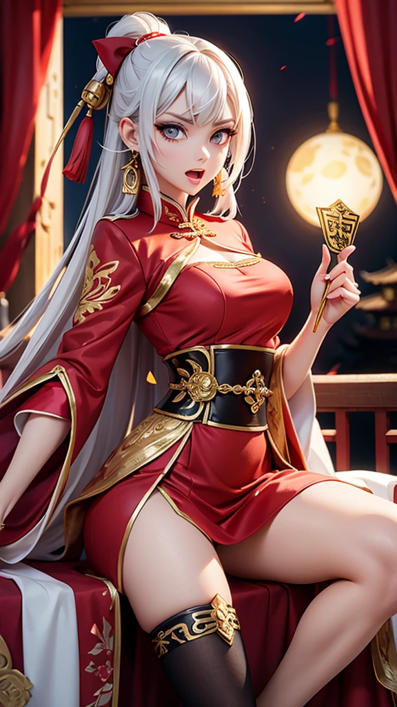A female empress, white-haired, with gold eyes, red nails, with notable physical characteristics, mostrando os peitos, legs open showing pussy, with an angry face and a provocative look, with open mouth showing tongue. Wearing traditional Chinese imperial clothing decorated in gold with black details, with red Hanafuda earrings, with a short red skirt. Holding a majestic spear of shining silver pointed forward. Standing on a balcony of a Chinese castle with a sunset and flags in the background.